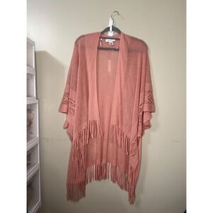 Nine West Coral Pink Open Knit Fringe Kimono Cardigan Wrap Cover Up One Size